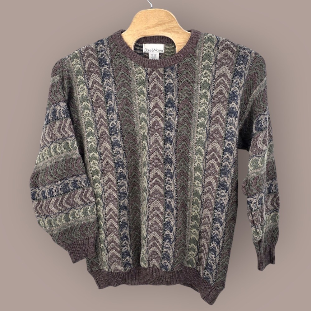 Vintage Blake & Manley 3D Knit Chunky Sweater Mens Large Brown Coogi Like USA